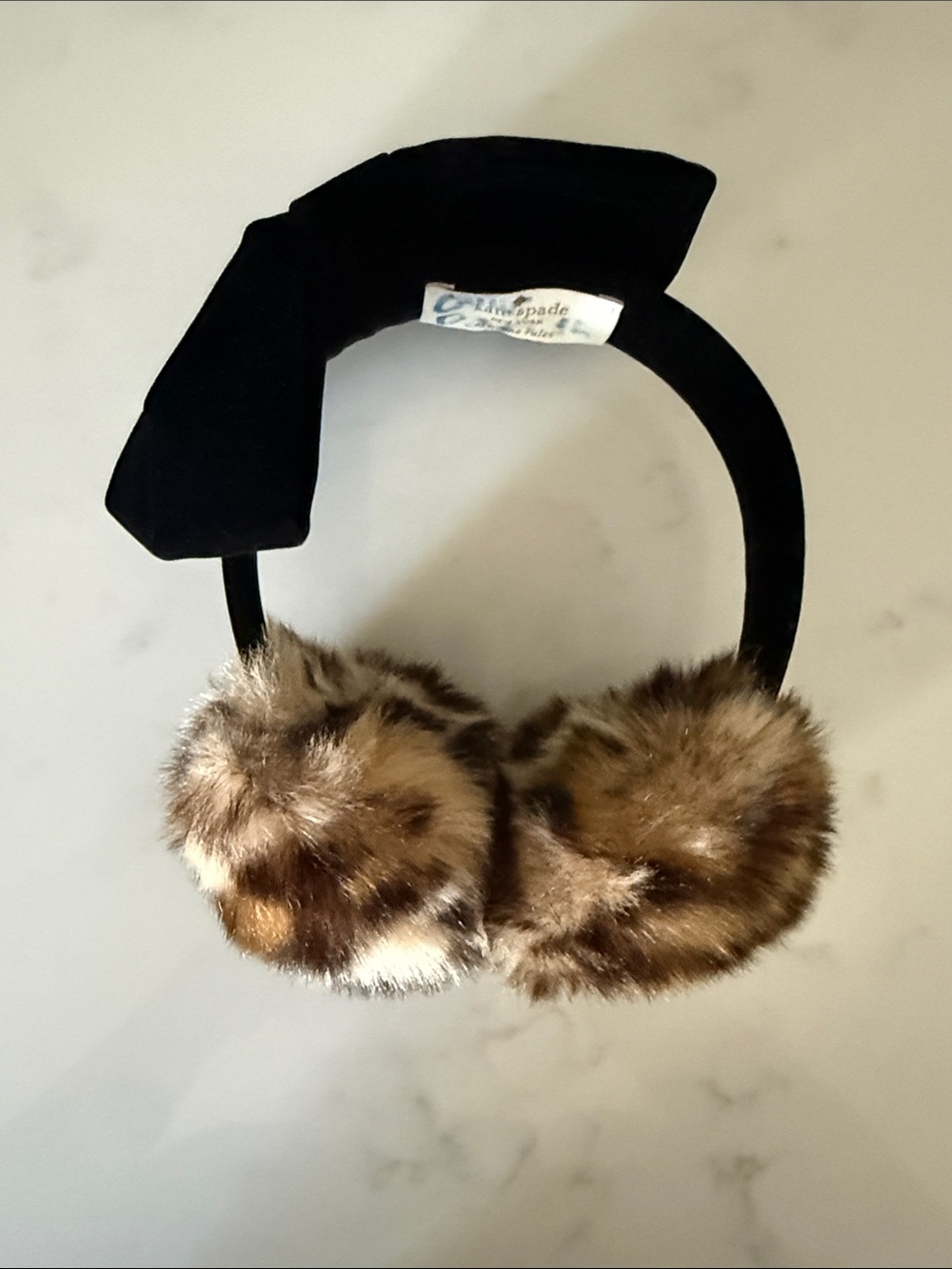 kate spade Black Headband with Brown Faux Fur Ear Muffs and Velvet Bow Accent